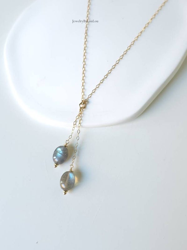 Fijn kettinkje met 2 Labradoriet hangers, 14k goldfilled - 925 sterling zilver