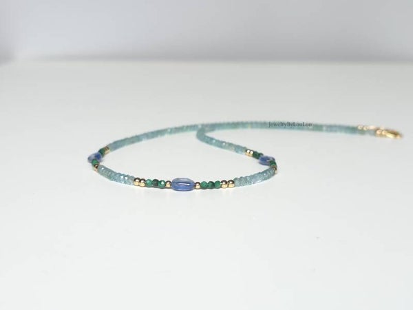 Malachiet,  Apatiet en Kyaniet choker ketting 2mm, 14k goldfilled - 925 sterling zilver