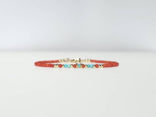 Rode Koraal en Turkoois armband 2mm, 14k goldfilled - 925 sterling zilver