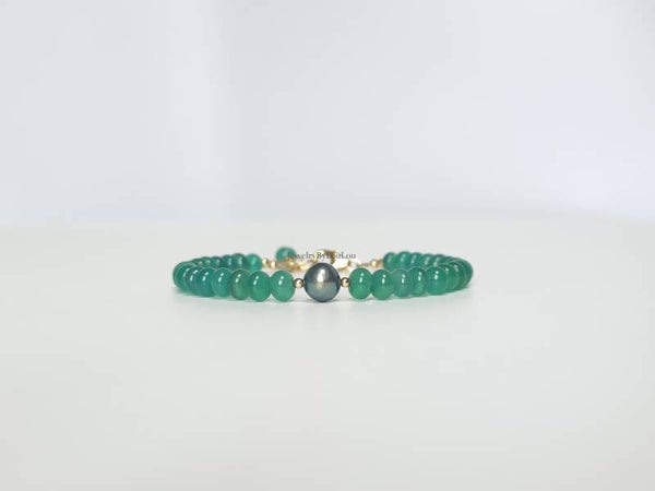 Groene Onyx en Zoetwaterparel kralen armband, 14k goldfilled - 925 sterling zilver