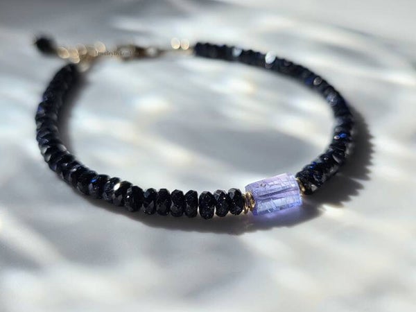 Donkerblauwe Goudsteen en Tanzaniet kralen armband, 14k goldfilled - 925 sterling zilver