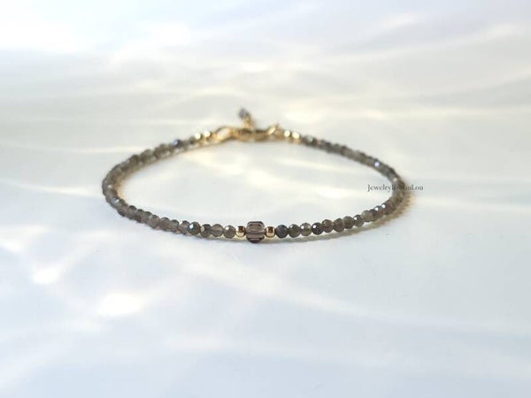 Zilver Obsidiaan en Rookkwarts kralen armband, 14k goldfilled - 925 sterling zilver