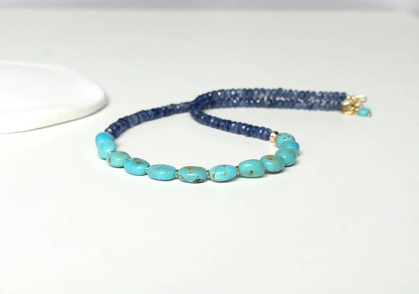 Natuurlijke Turkoois en Kyaniet choker ketting, 14k goldfilled - 925 sterling zilver