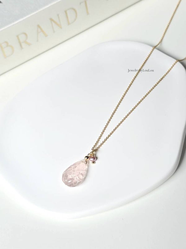 Rose quartz en freshwaterpearl necklace, 14k goldfilled, 925 sterling zilver