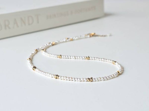 Freshwaterpearl beaded choker necklace, 14k goldfilled, 925 sterling zilver