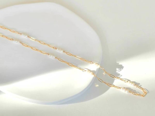 Freshwaterpearl paperclip choker necklace, 14k goldfilled, 925 sterling zilver