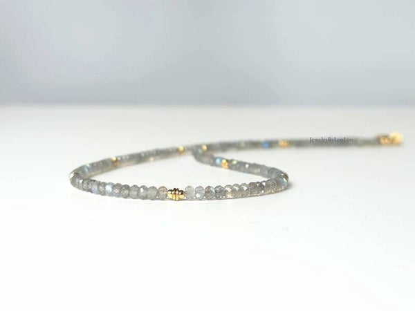 Labradoriet kralen ketting 3mm, 14k goldfilled - 925 sterling zilver