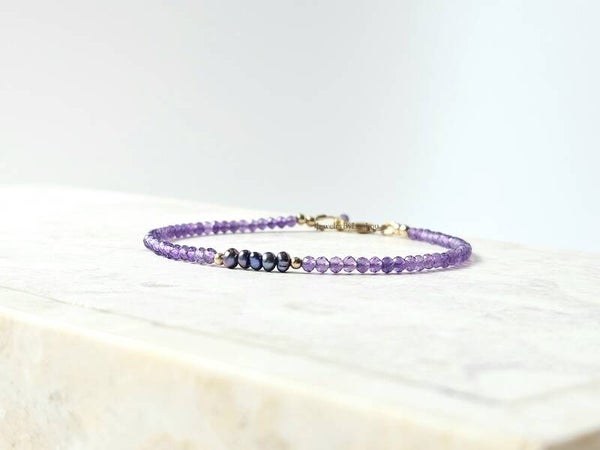 Amethyst and peacock pearl beaded bracelet, 14k gold-filled - 925 sterling silver