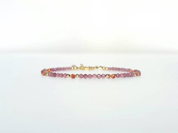 Roze Toermalijn en Padparadscha Saffier kralenarmband, 14k goldfilled - 925 sterling zilver