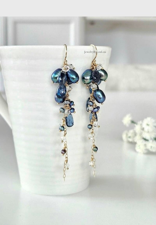 Cluster earrings with Peacock freshwater pearl, kyanite and herkimer diamond, 14k gold-filled - 925 sterling silver