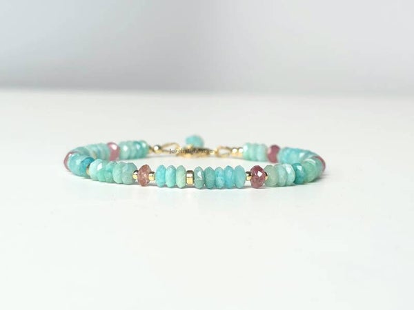Amazoniet en roze Toermalijn armband, 14k goldfilled - 925 sterling zilver
