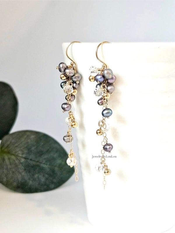 Cluster earrings with freshwater pearls and rock crystal, 14k gold-filled - 925 sterling silver