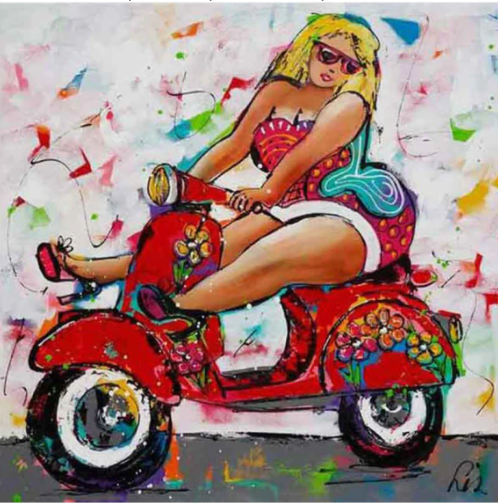 Diamond painting dame op scooter