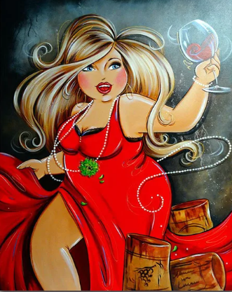 Diamond painting dikke dame in rode jurk