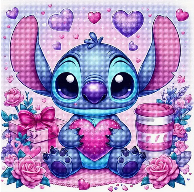 Diamond painting Stitch met hartje en kado