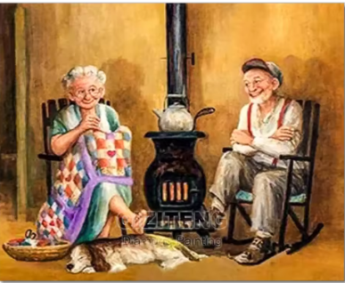 Diamond painting opa en oma bij kachel