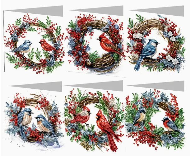 Kerstkaartenset vogeltjes in krans