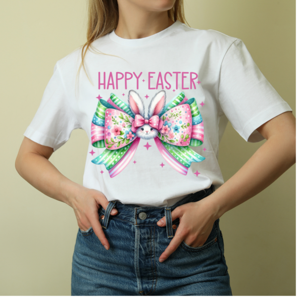 HAPPY EASTER WITH BOW AND BUNNY T-SHIRT