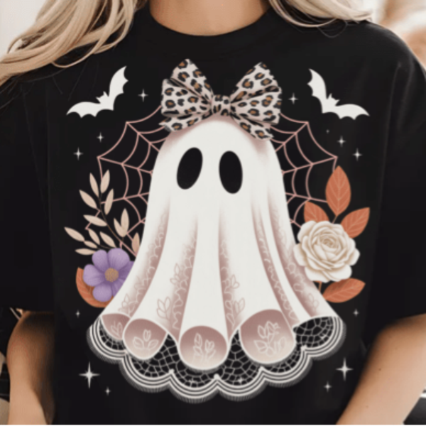 GHOST WITH LACE AND LEOPARD BOW T-SHIRT