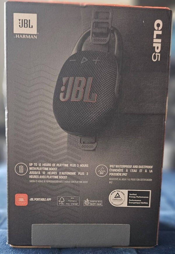 JBL Clip 5 Ultra-Portable Bluetooth Speaker - Black - IP67 Waterproof, Carabiner, 12H Playtime - NEW Sealed