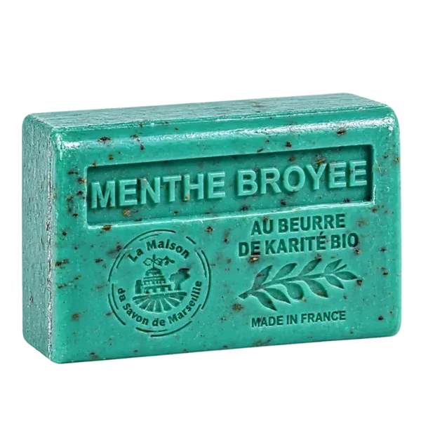 Savon artisanal exfoliant menthe broyée, enrichi en beurre de karité