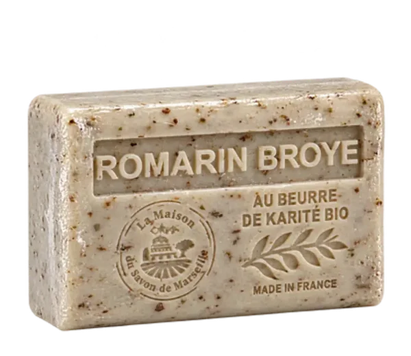 Savon artisanal exfoliant romarin broyé, enrichi en beurre de karité bio