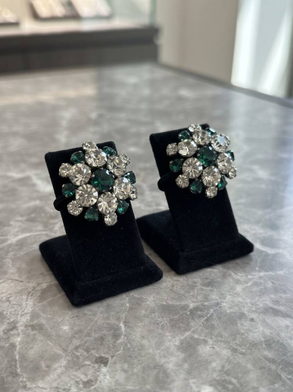 Vintage 1950s Crystal & Emerald Glass Earrings