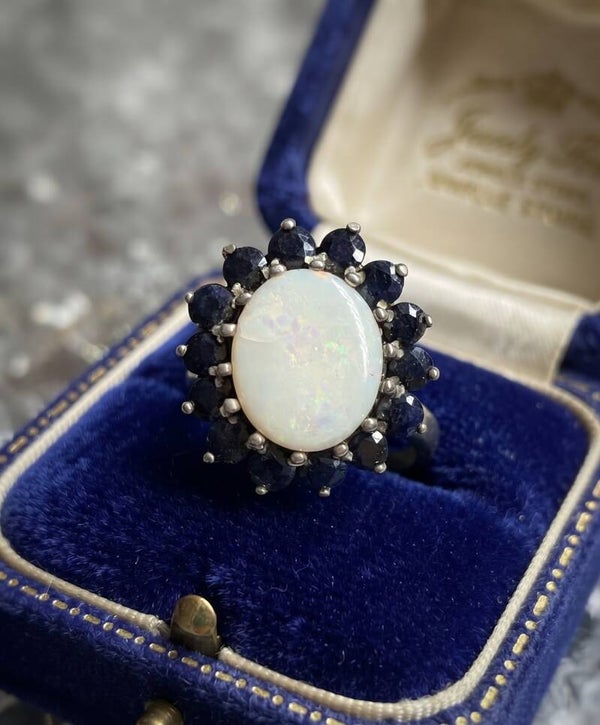 Vintage White Opal and Sapphire Cluster Sterling Silver Ring