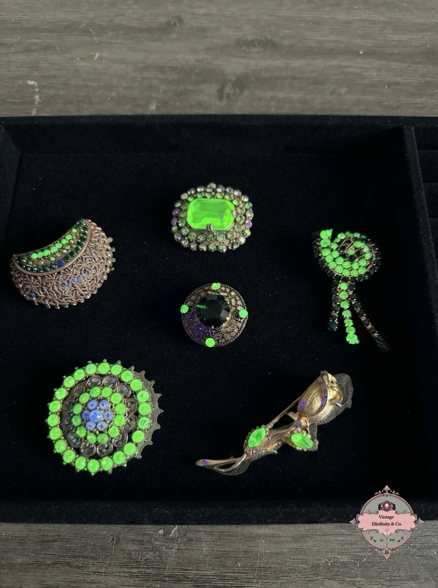 Vintage Uranium Glass Brooch Lot - 6pc UV Reactive Vaseline Glass Rhinestone Pins.