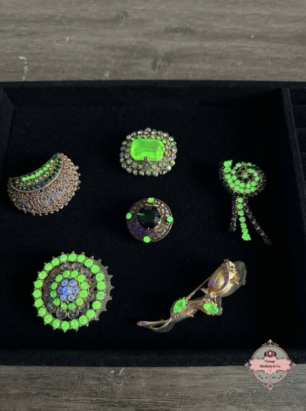 Vintage Uranium Glass Brooch Lot - 6pc UV Reactive Vaseline Glass Rhinestone Pins.