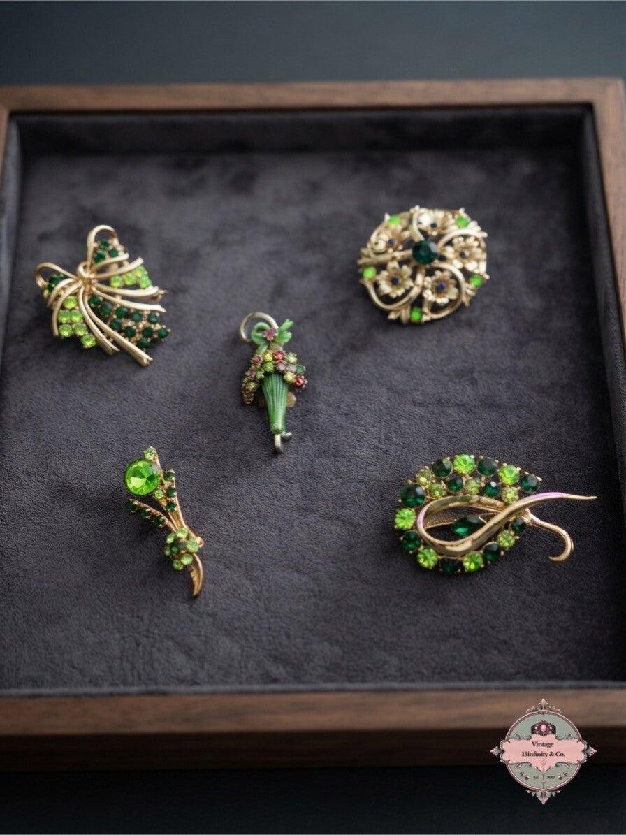 Vintage Green Rhinestone Brooches Pin UV Glow Uranium Glass Mid Century.