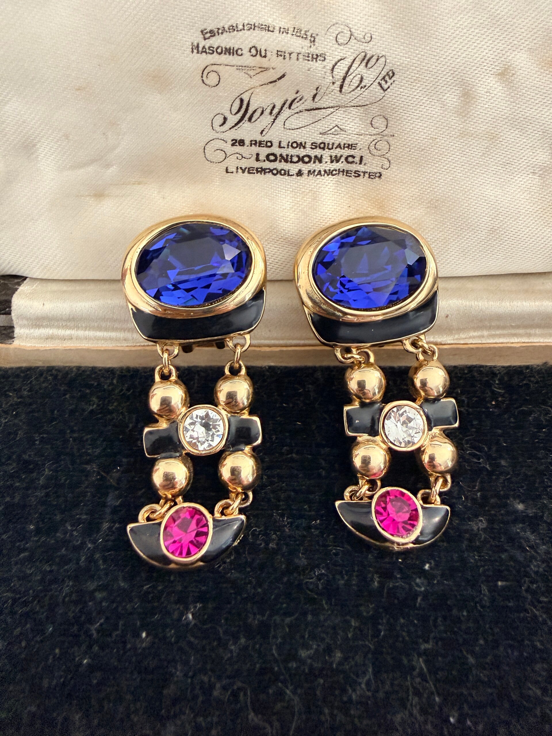 Vintage 1980's Statement Dangle Clip-on earrings - Cobalt Blue Swarovski Crystal & Black enamel, unsigned couture runway style