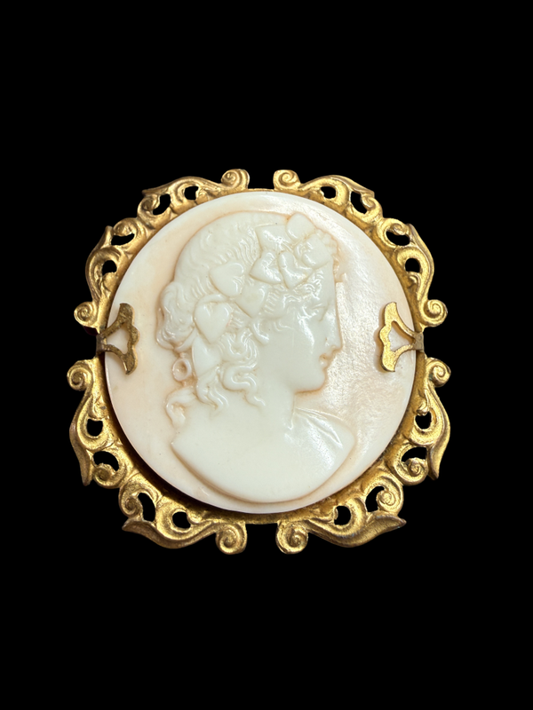 Large 55mm Vintage Hand Carved Shell Cameo Brooch with ornate gold-tone frame