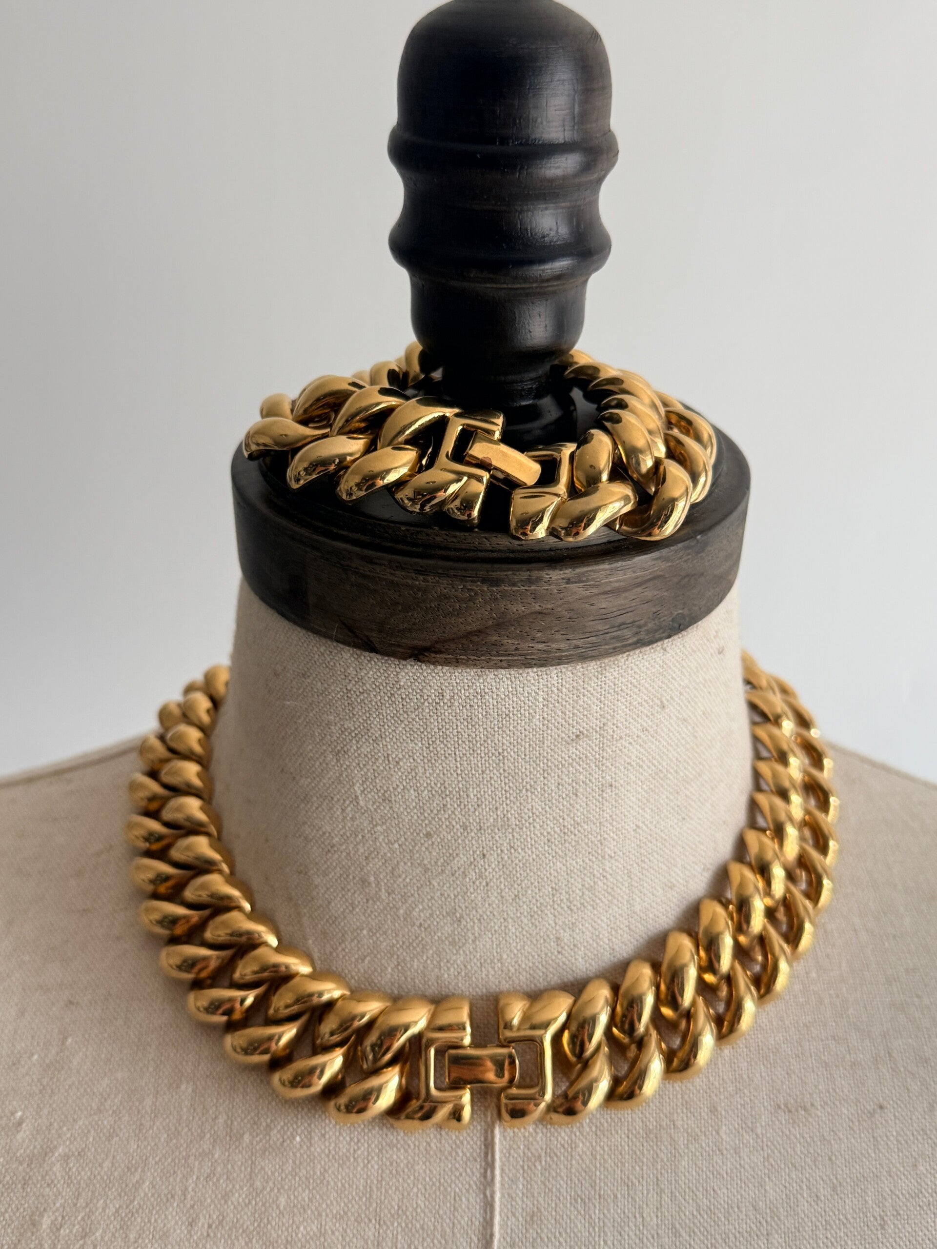 Vintage Monet chunky gold-tone statement necklace and bracelet matching set from the late 1970s to 1980s