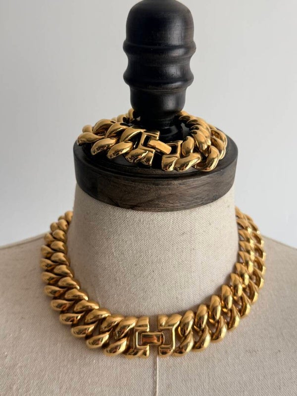 Vintage Monet chunky gold-tone statement necklace and bracelet matching set from the late 1970s to 1980s