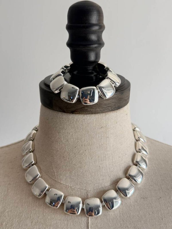 Rare Boxed Vintage Signed Napier Silver Tone Chiclet Cushion Link Choker & Bracelet Set