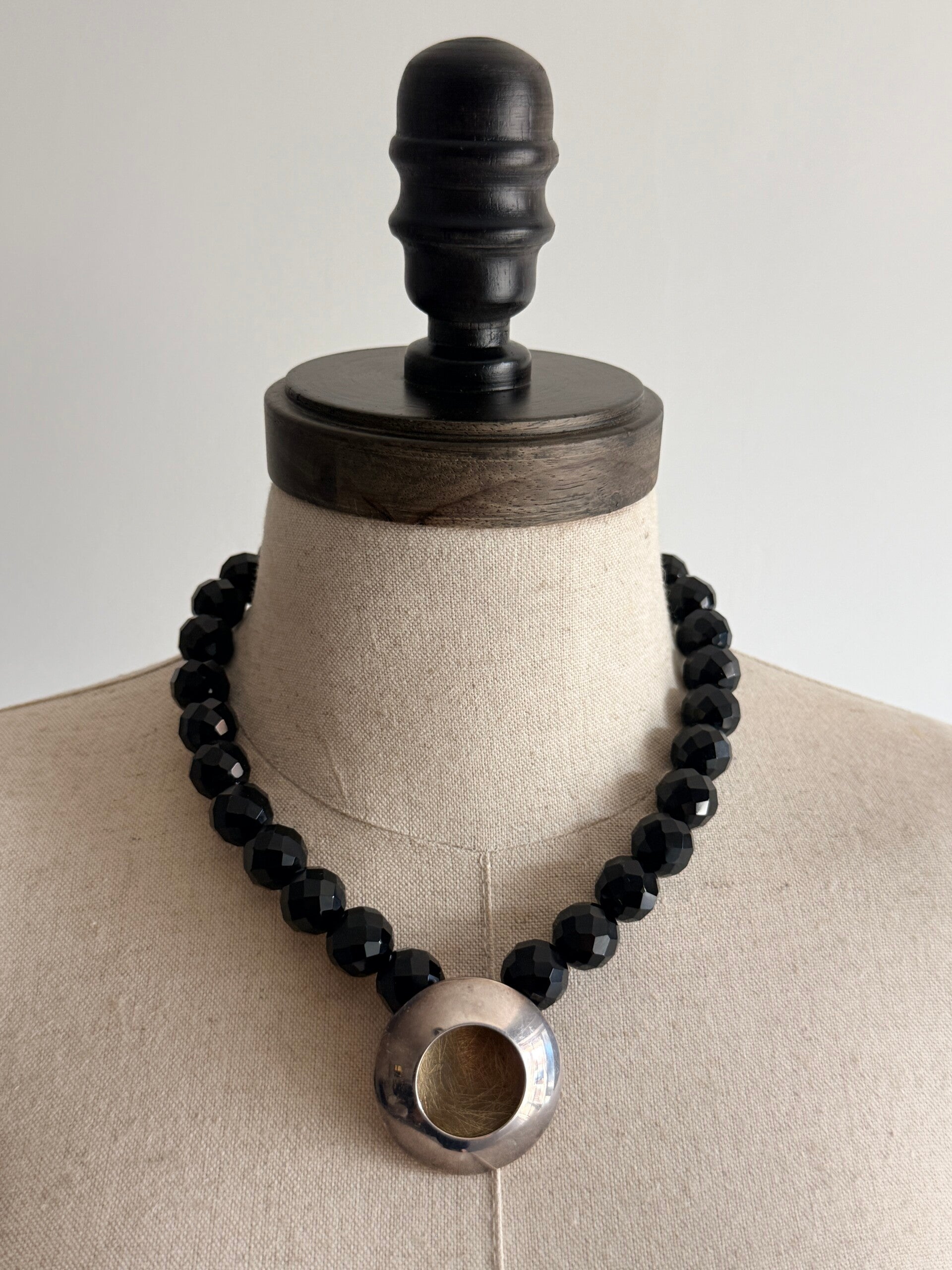 Vintage Faceted Black Nephrite Jade Bead Statement Necklace with Silver & Gold tone Concave Pendant
