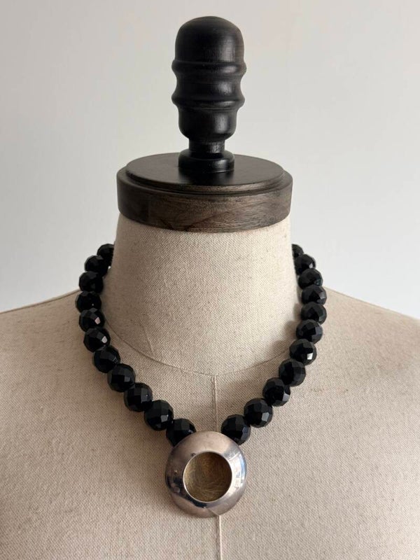 Vintage Faceted Black Nephrite Jade Bead Statement Necklace with Silver & Gold tone Concave Pendant