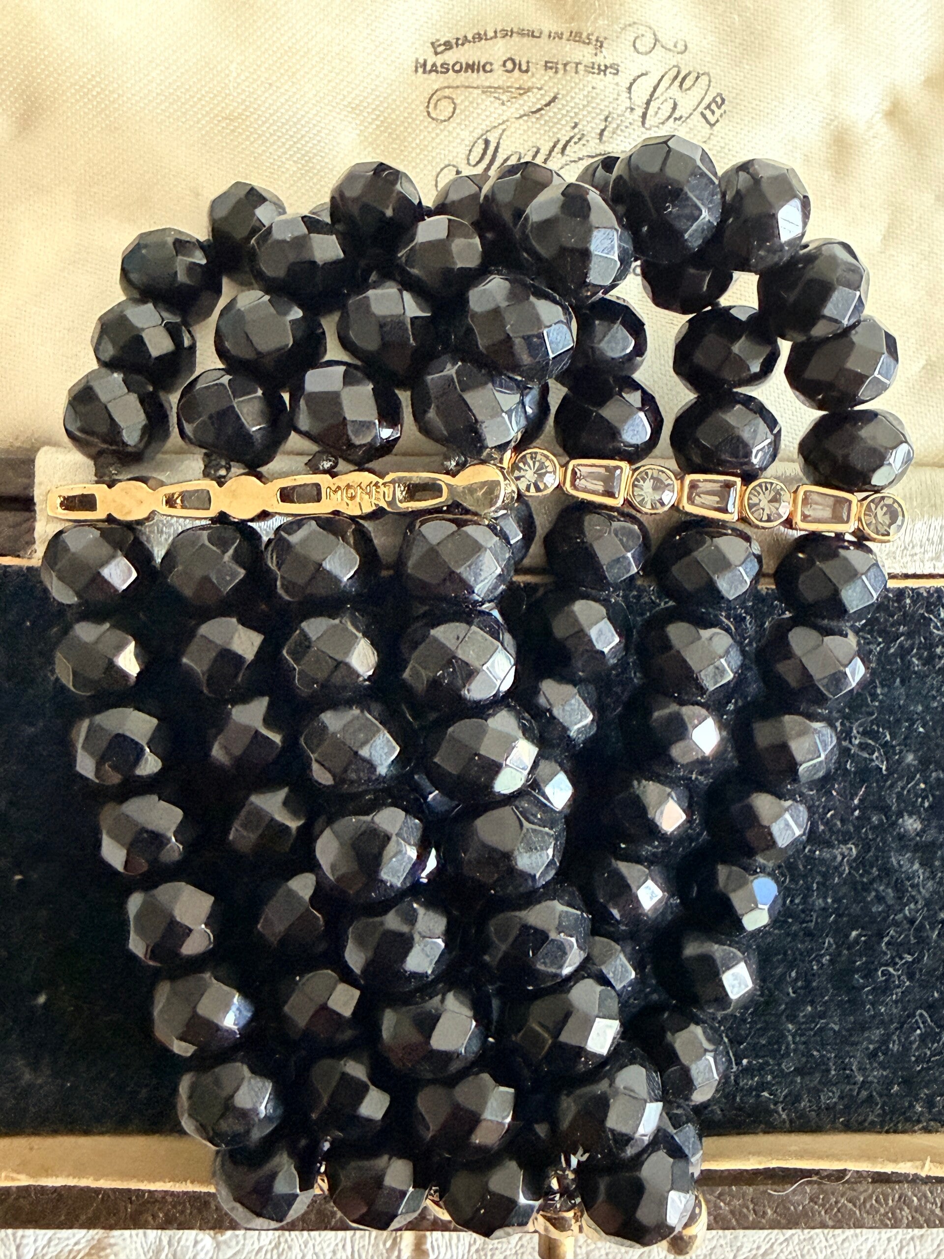 Vintage Monet 5 Strand Black Faceted Glass Bead Bracelet Rhinestone Spacer Signed