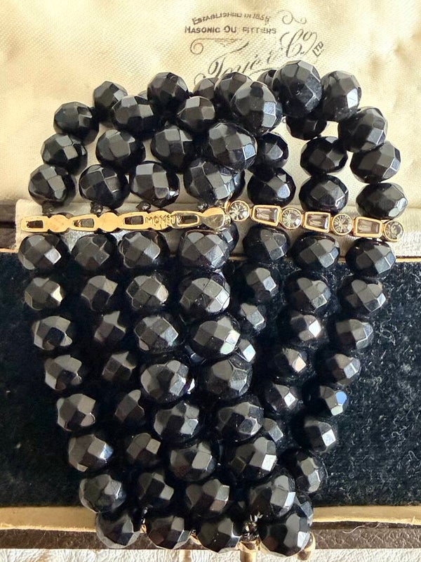 Vintage Monet 5 Strand Black Faceted Glass Bead Bracelet Rhinestone Spacer Signed