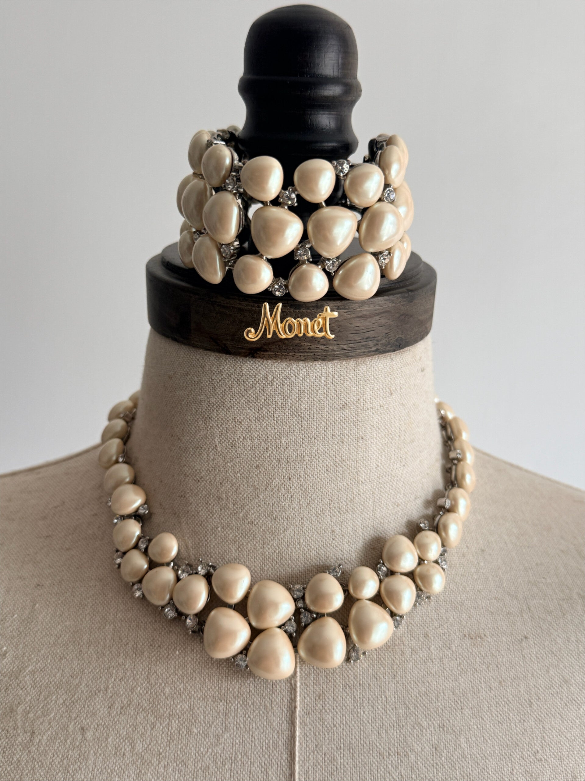 Vintage Monet Faux Baroque Pearl and Rhinestone Set Original Box.
