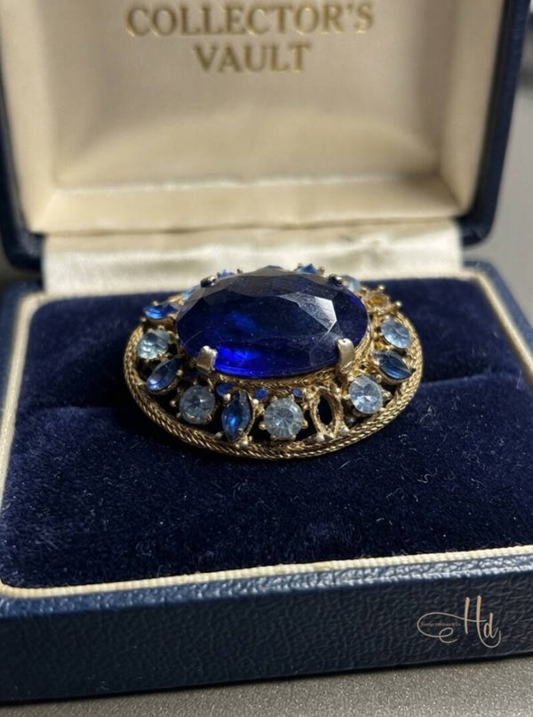 Unsigned Mid Century Blue Czech Filigree Brooch