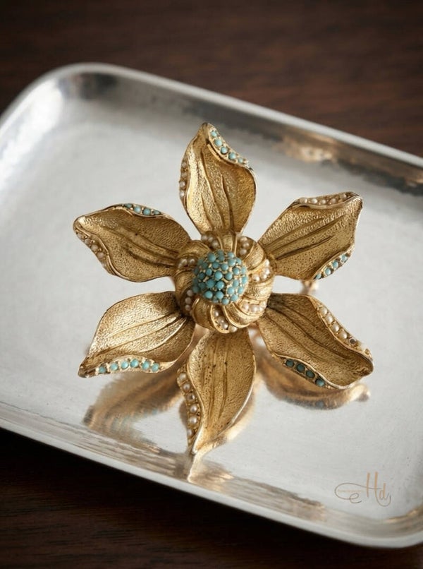 Vintage Krementz Textured Gold-tone Faux Turquoise and Seed Pearls Brooch