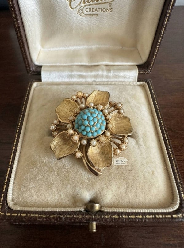 Gorgeous 1960's Sphinx Floral Faux Turquoise and Pearls Brooch