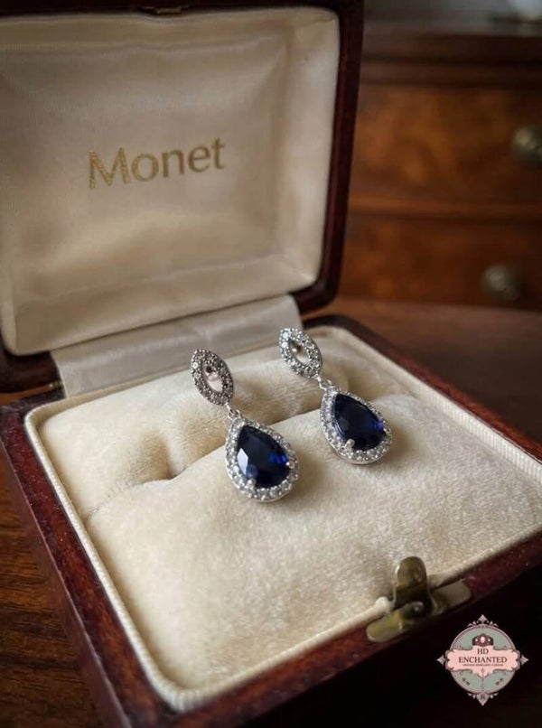 Vintage Sterling Silver 925 Blue CZ Pear Drop Earrings