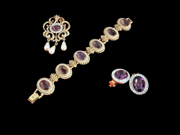 Vintage Victorian Amethyst Glass Stone and Seed Pearls Gold Tone Collection