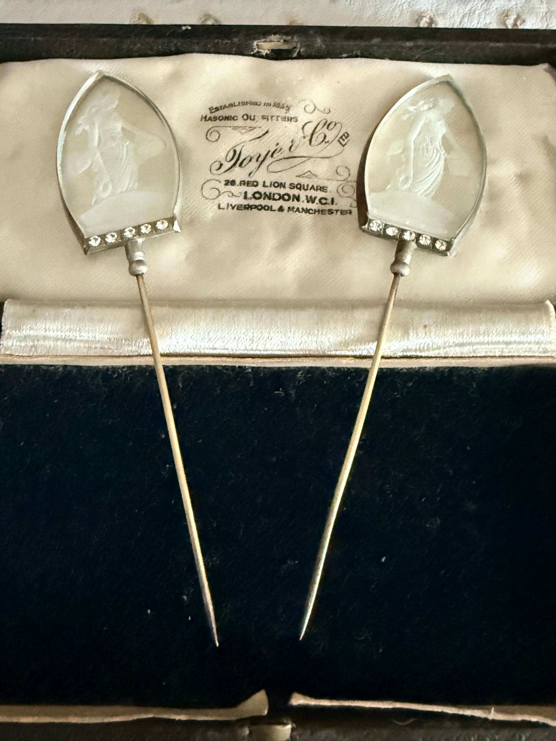 Rare Matched Pair of Antique Edwardian Reverse-Intaglio Rock Crystal Stickpins - Sterling Silver, Classical Maiden Motifs