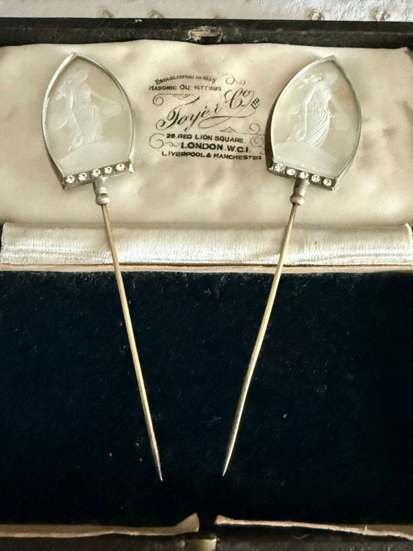 Rare Matched Pair of Antique Edwardian Reverse-Intaglio Rock Crystal Stickpins - Sterling Silver, Classical Maiden Motifs