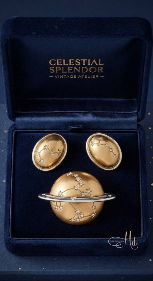 Vintage Celestial Saturn Planet & Constellation Brooch and Earrings Set