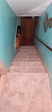 Carpeted staircase with turquoise walls leading to lower level of home.
